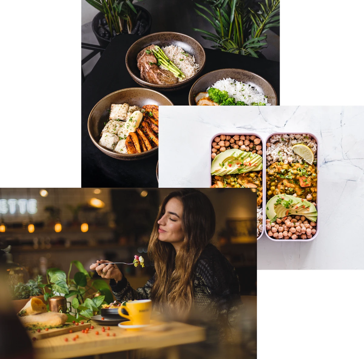 Lady enjoying food, meals in storage container and food bowls on a table